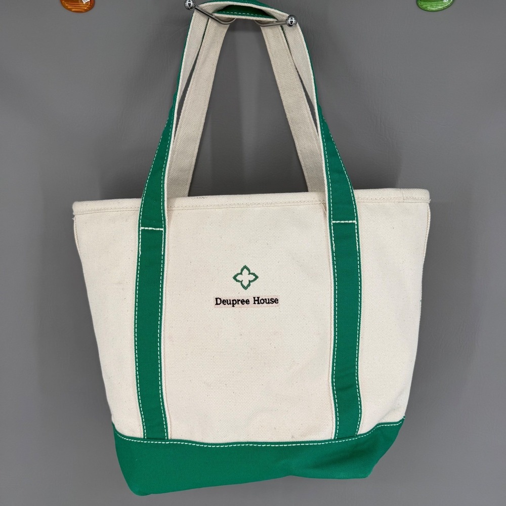 Lands End Medium Tote Bag 5 Pocket Zipper Green Natural Canvas *Has Embroidery - Picture 2 of 16